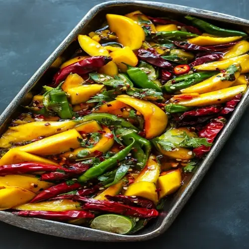 sliced mango with dried red chili peppers, green chili peppers, cilantro, and lime (citrus) in a metal tray