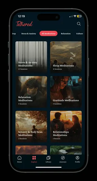 smartphone displaying a meditation and breathing app (tethered) with categories like stress & anxiety, sleep, and relaxation meditations