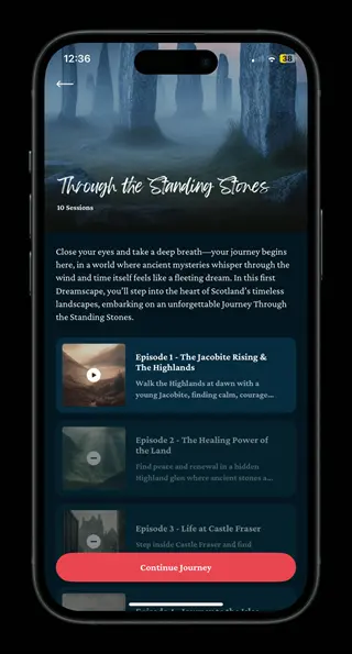 smartphone displaying meditation app phone interface for 'through the standing stones' guided nature journey with session episodes and continue journey button