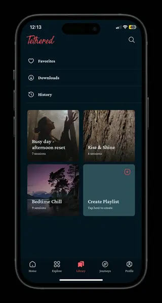 smartphone displaying tethered meditation app library tab with 'bedtime chill' sleep meditation guided sessions and other wellness categories