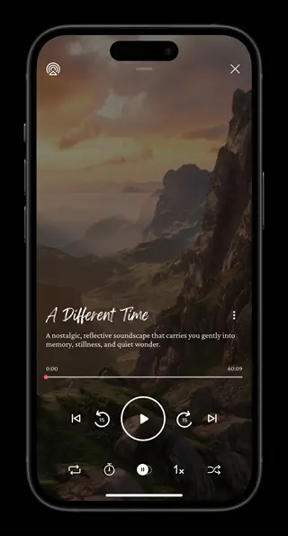 smartphone meditation app interface displaying 'a different time' soundscape with mountain landscape background, title, description, and playback controls