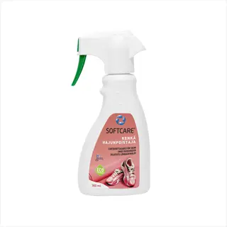 softcare shoe freshener spray bottle (300ml) with shoe graphic, eco label, and green spray nozzle on white background