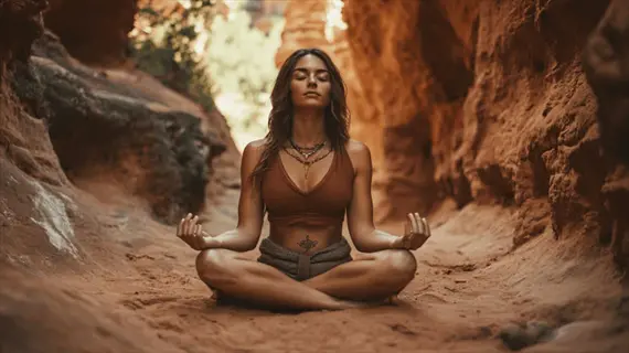 sound meditation practitioner meditating in lotus position within a desert canyon, embodying mindfulness and connection with nature