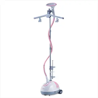 standing garment steamer with handheld steam head, pink accents, adjustable pole, water tank, and mobility wheels