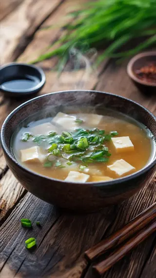 steaming miso soup bowl with tofu, green onions, and chopsticks on wooden table with garnishes
