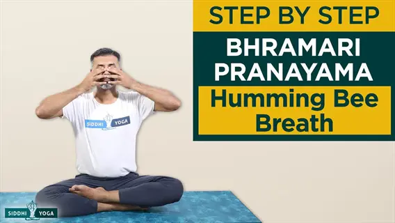 step-by-step guide to humming bee breath (bhramari pranayama) showing seated person with hands covering ears and fingers on face