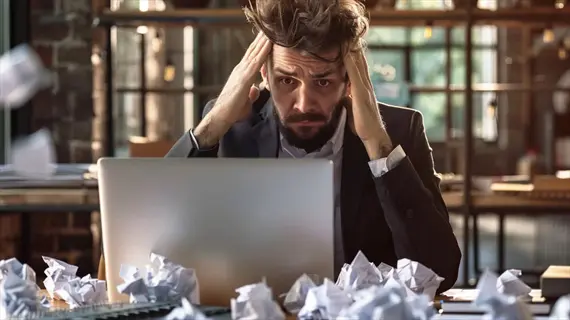 stressed office worker at desk with hands on head, surrounded by crumpled papers and laptop, illustrating anxiety relief office needs for workplace anxiety management