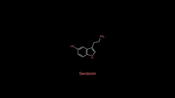 structural formula of serotonin molecule (neurotransmitter) with functional groups (ho, nh₂) and 'serotonin' label