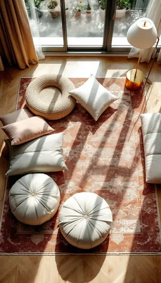 sunlit living room with round meditation cushions and floor pillows on patterned rug near large windows