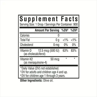 supplement facts for vitamin d3 liquid drops: serving size 1 drop (900 servings). contains 12.5mcg vitamin d3 (500 iu, 63% dv), 50mcg vitamin k2. other ingredients: olive oil