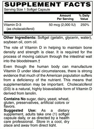 supplement facts label for vitamin d3: 50mcg (2000 iu) per softgel. highlights vitamin d deficiency fatigue, bone health benefits, usage (1 daily), ingredients (gelatin, soybean oil) and storage instructions. allergen-free (no dairy/gluten)