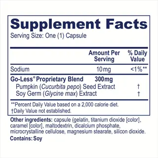 supplement facts panel featuring pumpkin seed supplements: go-less proprietary blend with pumpkin seed extract (300mg) and other ingredients