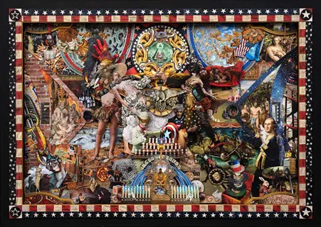symbolic art collage featuring american flag border, all-seeing eye, historical figures, and layered cultural icons with text fragments, demonstrating metaphor development