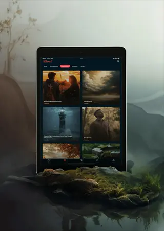 tablet displaying meditation app with bedtime meditation session thumbnails in misty mountain landscape, featuring human figures and nature scenes for pre-sleep routines