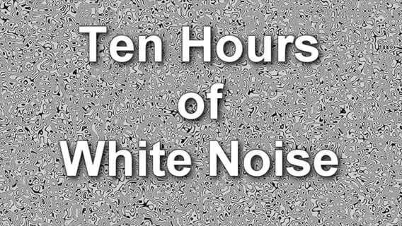 text graphic: 'ten hours of white noise' in bold text over abstract white noise background. indicates extended-duration therapeutic audio for sleep or focus environments