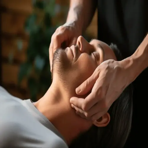 therapist's hands performing lymphatic drainage technique on man's neck and jawline during massage session