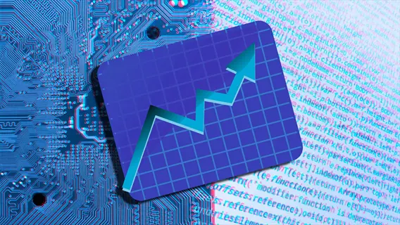 todoist productivity concept: blue grid chart with upward trend arrow overlaid on circuit board and code background, symbolizing digital task management growth