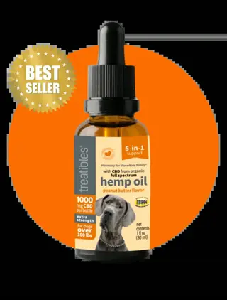treatibles cbd oil dropper (1000mg full-spectrum, peanut butter flavor) for dogs over 100 lbs - best seller against orange background