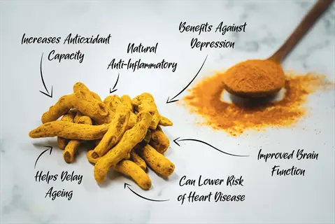 turmeric roots and powder in wooden spoon with curved labels highlighting health benefits including 'improved brain function' (turmeric brain health) on marble surface