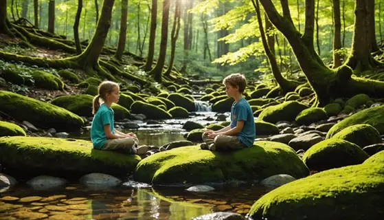 two children sitting meditatively on mossy rocks in sun-dappled forest stream, embodying anxiety relief nature through immediate calming sequence