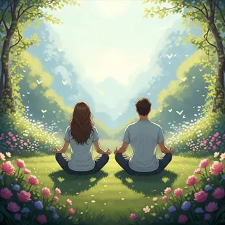 two people meditating side by side in a serene outdoor setting, surrounded by flowers and greenery, practicing loving kindness meditation under a bright, peaceful sky