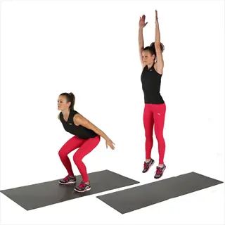 two-phase demonstration of squat jumps exercise: woman transitioning from deep squat position to explosive vertical jump with arms overhead