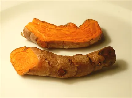 two pieces of fresh turmeric root with vibrant orange flesh on white plate (turmeric digestive health ingredient)