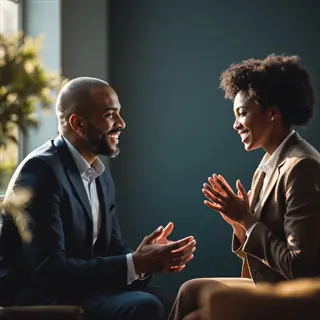 two professionals engaged in active listening conversation with warm smiles in modern office setting featuring teal walls and natural light