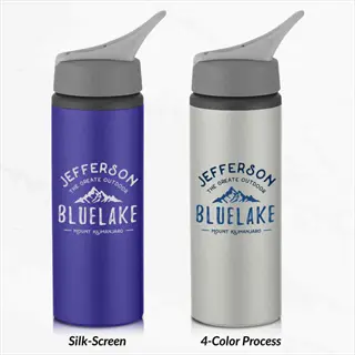 two reusable water bottles (purple silk-screen, silver 4-color process) with 'jefferson bluelake' mountain logos for hydration strategy