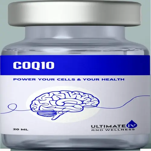 ultimate iv and wellness coq10 supplement bottle (20 ml) with brain graphic and 'power your cells & your health' label text