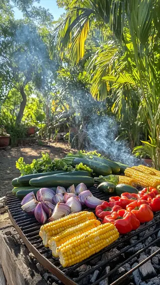 vegetables steamed grilled on outdoor bbq: corn, zucchini, bell peppers, red onion with smoke in sunny garden - cooking method shifts