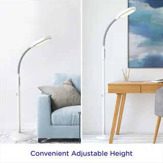 verilux happylight duo adjustable floor lamp in living room (left) and office (right) with 'convenient adjustable height' text