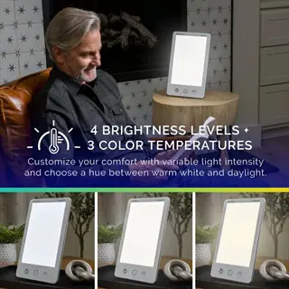 verilux happylight luxe light therapy lamp: man using device with 4 brightness levels & 3 color temperatures (warm to daylight)