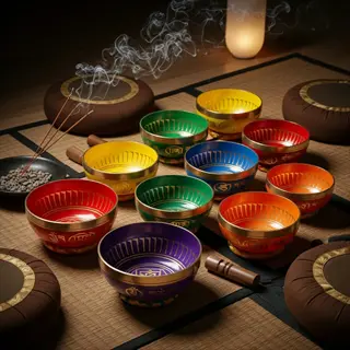 vibrant chakra crystal singing bowls arranged for chakra alignment, with incense smoke and meditation cushions in a serene spiritual setting