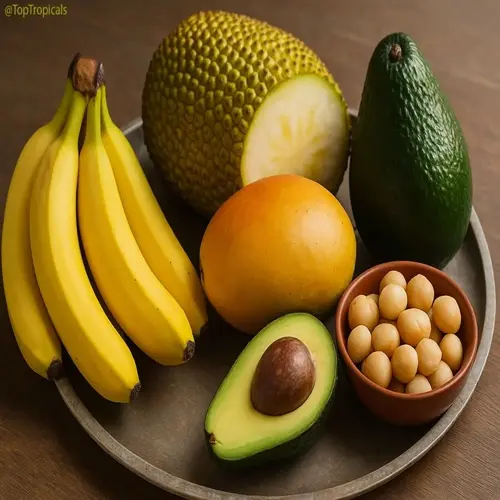 vibrant energy foods: bananas, breadfruit, mango, avocados, and macadamia nuts on a wooden tray