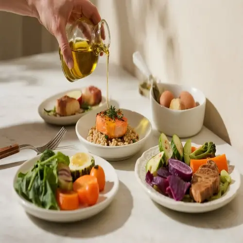 vibrant healthy food arrangement: hand drizzling oil on herb-topped salmon with grains, surrounded by fresh vegetables, eggs, and meat dishes