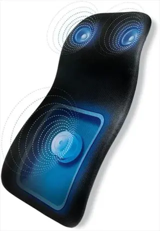 vibroacoustic therapy mat with embedded blue transducers and sound wave patterns on black contoured surface