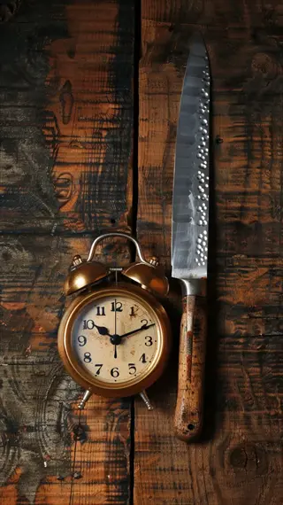 vintage alarm clock showing 10:10 and large chef's knife on rustic wooden surface, symbolizing clock dinner time preparation