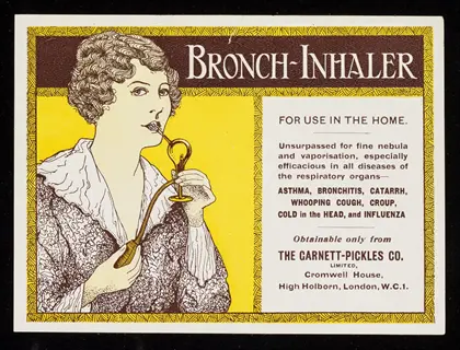 vintage bronch-inhaler advertisement showing a woman demonstrating aromatherapy inhalation device for respiratory relief