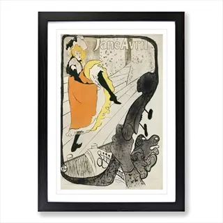 vintage 'jane avril' poster in black frame: dancer in orange dress mid-movement with cellist, embodying movement art as a dancer painting canvas