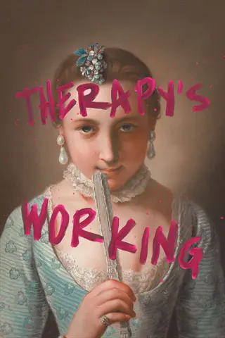 vintage light therapy conceptual art: 18th-century woman portrait overlaid with 'therapy's working' text, blending historical medical themes with modern typography