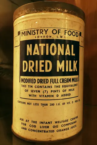vintage national dried milk tin from ministry of food, london. vitamin d fortified milk product with added cod liver oil, containing 280+ iu per oz. modified dried full cream milk equivalent to 7 pints