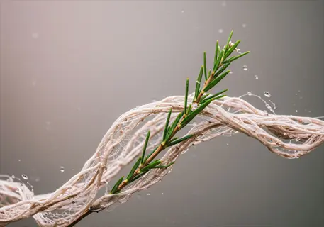 viscous fiber gel entwined with fresh green conifer sprig and water droplets against smooth gradient background
