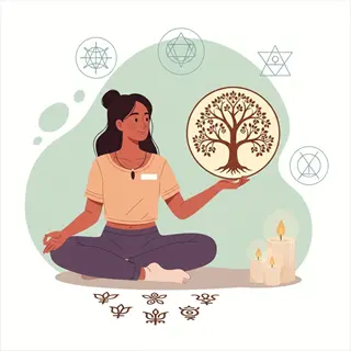 visualization meditation guide: woman in lotus pose holding tree of life emblem surrounded by sacred geometry symbols, symbolic text, and candles