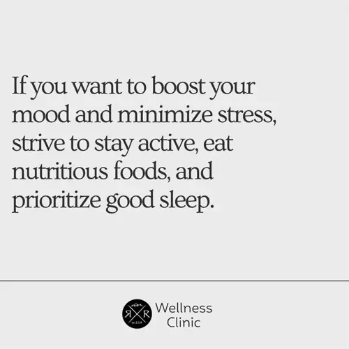 wellness clinic graphic: tips to boost mood, minimize stress through activity, healthy foods for anxiety relief, and good sleep
