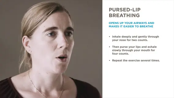 woman demonstrating pursed lip breathing technique with lips slightly pursed, next to instructional text explaining the steps for 'pursed-lip breathing'