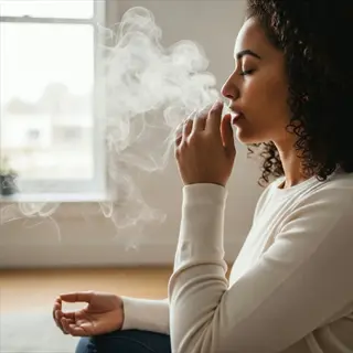 woman demonstrating resonant breathing practice with visible breath exhalation in a meditative seated pose by a window