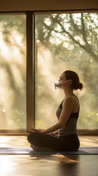woman in activewear meditating with respiratory mask near morning meditation window, sunlight streaming through glass onto yoga mat indoors with garden view