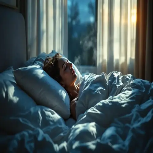woman in peaceful deep sleep under cozy blankets, soft morning light filtering through window
