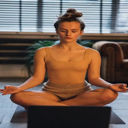 woman meditating focus: seated in lotus position indoors wearing tan outfit, eyes closed with hands in mudra position, laptop visible in foreground, cozy room setting